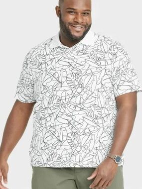 Goodfellow & Co White Polo with Black Abstract Leaf Print